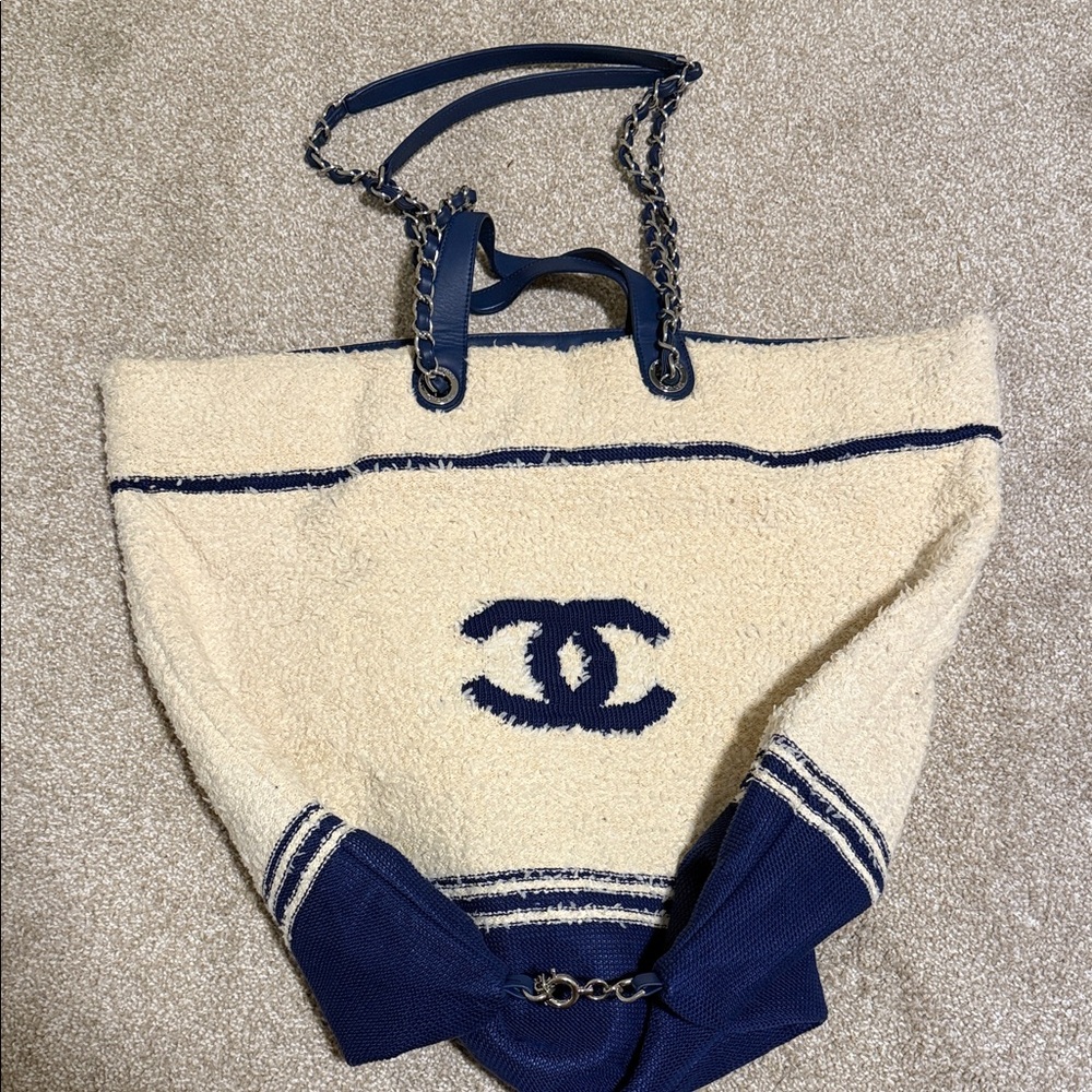CHANEL Navy and Cream Tote with Chain Handles